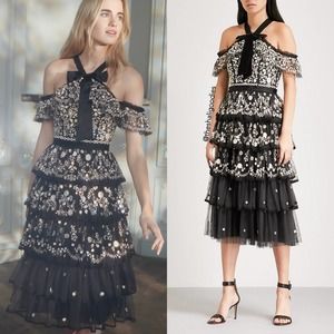 NEEDLE & THREAD Zelda Midi Dress Black Embroidered Ruffle